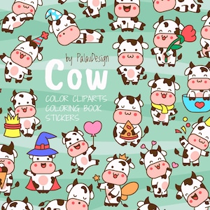 Cute Kawaii Spotted Cow Clipart Bundle Outline Characters Coloring Pages Stickers Digital Download for Kids and Craft Projects