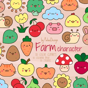 Cute Kawaii Farm Clipart Bundle - Cartoon Fruits, Vegetables, Animals, Digital Stickers, Coloring Pages, Printable Art for Crafts and Kids