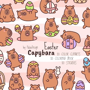 Easter Capybara Clipart, Cute Kawaii Cartoon Animal, Vector Outline Digital Drawing, Coloring Page, Stickers, Printable Art