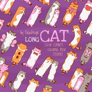 Könnte beinhalten: Eine digitale Illustration eines Musters aus langen Katzen in verschiedenen Farben und Posen. Der Text "LONG CAT" befindet sich in der Mitte des Bildes. Der Text "COLOR CLPARTS, COLORING BOOK, STICKERS" befindet sich unter dem Text "LONG CAT".
