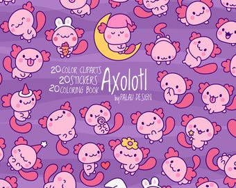 Conjunto de Clipart de Axolote Kawaii – Desenhos Animados (Download Digital)
