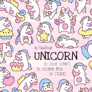 Cute Kawaii Unicorn Clipart Bundle - Pastel Cartoon Magical Pony Stickers and Coloring Pages for Kids, Scrapbooking, and Crafts