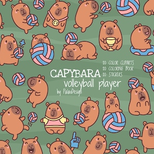 Lindo conjunto de imágenes prediseñadas de voleibol de capibara: ilustraciones de contornos vectoriales de animales de dibujos animados kawaii para calcomanías, páginas para colorear, arte digital