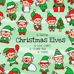 Pacchetto di clipart vettoriali kawaii carini di elfi di Natale, illustrazioni di personaggi di elfi di Natale, arte stampabile di elfi dei cartoni animati festivi per bambini