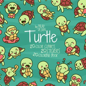 May include: A teal background is covered with cartoon turtles in various poses. The turtles are green, yellow, and brown, with smiling faces. Text reads "Turtle" and lists "20 Color Cliparts, 20 Stickers, 20 Coloring Book."