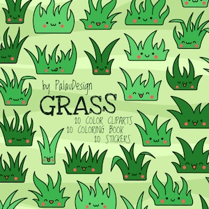 Cute Kawaii Grass Clipart Bundle - Cartoon Lawn Characters, Digital Stickers, Coloring Pages, Printable Art for Crafts and Kids