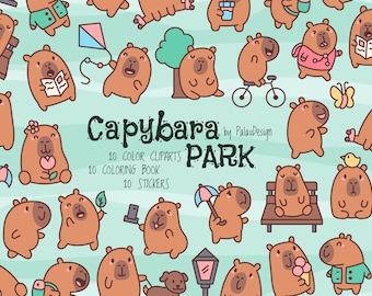 Kawaii Capybara Clipart, Stickers, Coloring Pages (Digital Set)