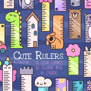 Cute Kawaii Rulers Clipart Set with Adorable Cartoon School Rulers in Fun Animal Shapes and Objects Perfect for Scrapbooking