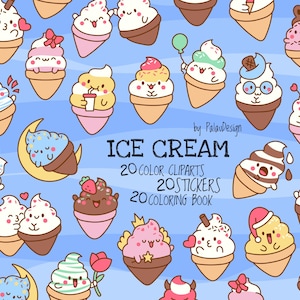 Carino set di clipart di gelato kawaii con divertenti personaggi dei cartoni animati per bambini, lavoretti, sublimazione, stampabili, scrapbooking, PNG, SVG, jpg, ai, eps