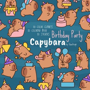 Verjaardagsfeestje schattige kawaii capibara clipartbundel - schattige dieren omtrekkarakters voor kaarten, stickers en kleurplaten