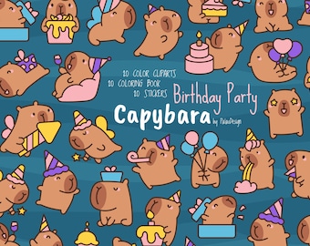 Kawaii Capybara Clipart Bundle: Birthday Party Stickers (Digital Download)