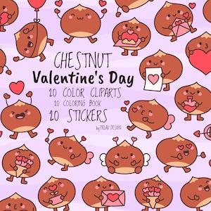 Kawaii Chestnut valentine clipart – cute love cartoon illustrations, digital stickers, coloring pages, PNG, SVG, JPG for diy & gifts