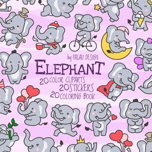 Kawaii Baby Elephant Clipart Bundle: Coloring Pages & Stickers (Digital Download)