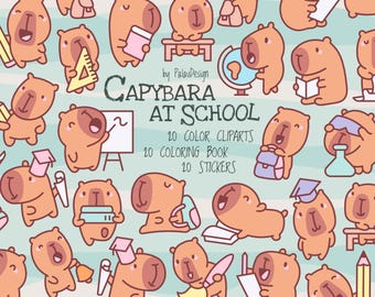 Entzückende Capybara Schule Clip Art Set: Kawaii Haustiere, digitale SVG und PNG Dateien, Sofort Download
