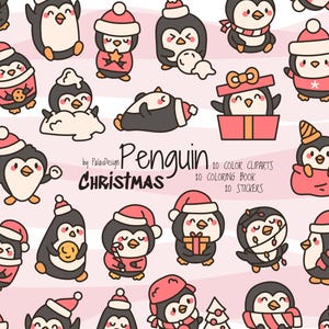 Weihnachten Kawaii Pinguine Clipart Färbung Aufkleber | Niedliche Cartoon Urlaub Vektor-Illustration | Winter Digital Art zum Basteln