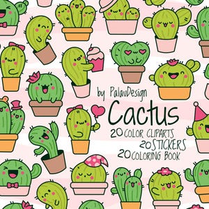 Lot de cliparts mignons cactus kawaii - personnages succulents dessins animés, pages à colorier, autocollants numériques pour enfants et travaux manuels
