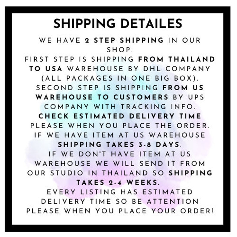 May include: A white text box with black text outlining the shipping details for an online shop. The text explains that the shop uses a two-step shipping process. The first step is shipping from Thailand to the USA warehouse by DHL. The second step is shipping from the USA warehouse to customers by UPS. The text also states that the estimated delivery time is 3-8 days if the item is in the USA warehouse, but 2-4 weeks if the item needs to be shipped from Thailand.