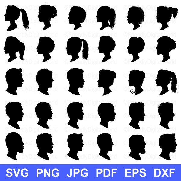 Head profile silhouette SVG, male and female head silhouette Svg, man and woman face silhouette Svg, men's head profiles, people silhouette