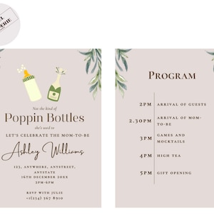 May include: A light pink baby shower invitation with green foliage and a bottle of champagne and a baby bottle. The text reads "Not the kind of Poppin Bottles she's used to" and "Let's Celebrate the Mom-to-be Ashley Williams". The invitation includes the date, time, and RSVP information.