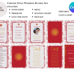 Conjunto de pacote de casamento em estilo chinês moderno, modelo editável, papelaria, download instantâneo, vermelho e dourado, floral, lista de convidados, menu, sinalização de programa