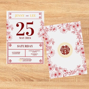 Modern Chinese Calendar Inspired Wedding Invite Digital Editable Canva ...