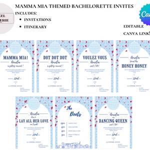 Mamma Mia Themed Bachelorette Party Invitation Set Itinerary ABBA Lyrics Canva Editable Downloadable Printable Template Greek Mediterranean