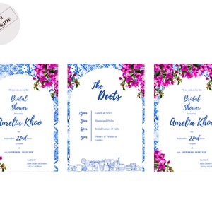 Santorini Greek Elegant Bachelorette Invitation Blue Tiles Bougainvillea Mediterranean Editable Printable Canva Template Bridal Shower