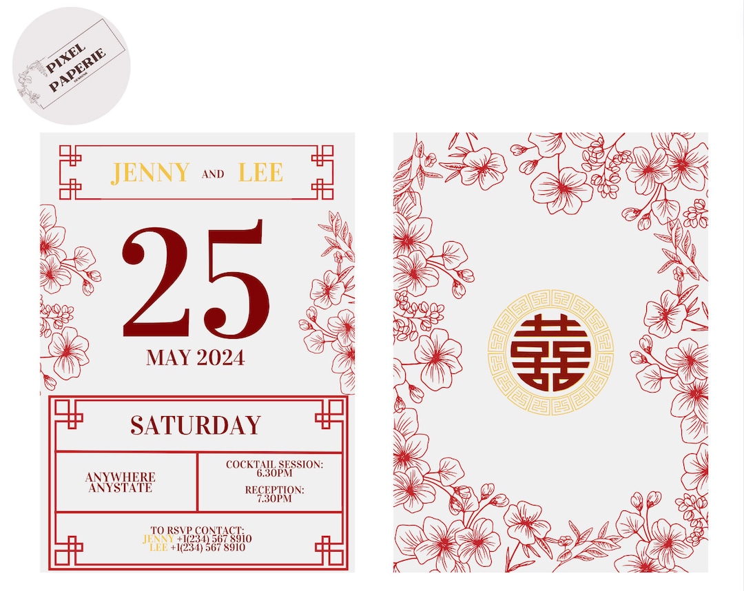 Modern Chinese Calendar Inspired Wedding Invite Digital Editable Canva ...