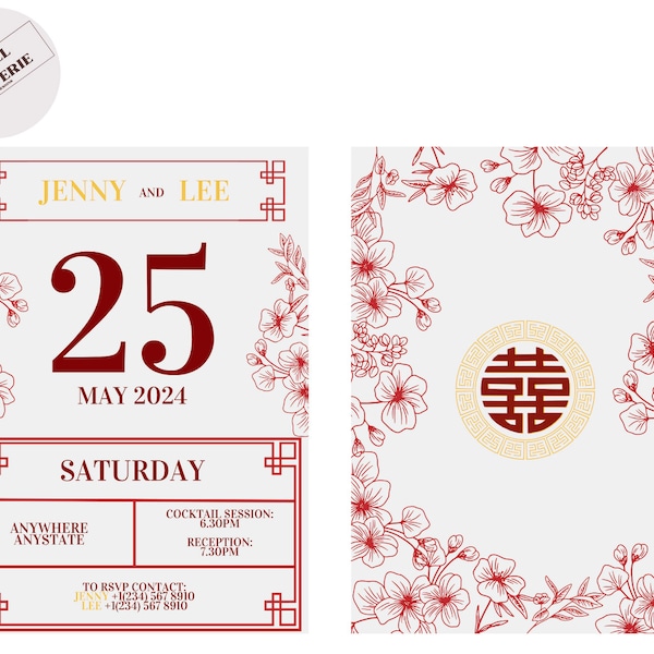 Modern Chinese Calendar Inspired Wedding Invite Digital Editable Canva Template Link Gold and Red Oriental Theme Garden Flowers