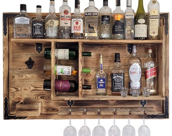Home bar hanging shelf for alcohol bottles, rustic style