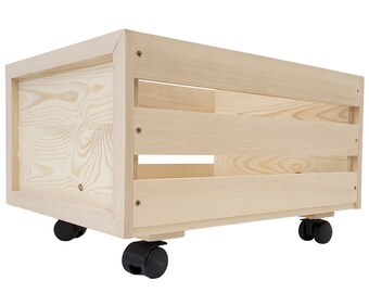 Wooden vinyl record box on wheels, openwork structure, light oak