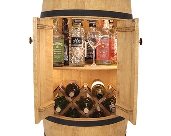 Wooden barrel LED bar with doors, foldable deckchair for wine bottles, rustic home bar. Stand for bottles of wine, whiskey, liqueur