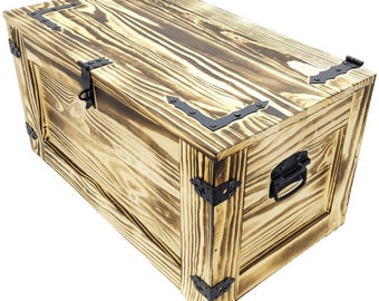 Wooden box, fired, 80 cm, large wooden box, metal fittings. A large wooden trunk with a hinged lid.