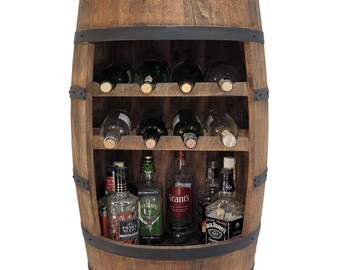 Bar tonneau en bois avec deux transats à vin wengé 80x50cm bar à vin maison. Support pour bouteilles d'alcool, étagère pour bouteilles de vin