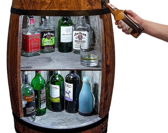 Dark brown barrel bar with LED lighting and a bottle opener 80x50cm. Wooden stand for wine and whiskey bottles