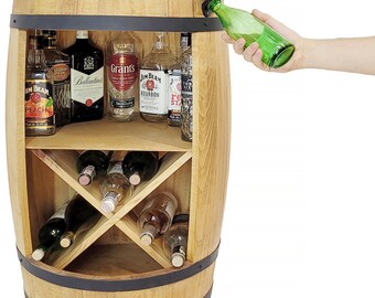 Beczka barek z półką X na leżące butelki z winem, otwieracz. Rustykalny bar domowy z beczki 80x50cm, gustowny drewniany stojak na whisky