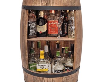 Stylish bar for the living room for alcohol bottles from a wooden barrel in dark brown wenge color 80x50cm with LED lighting, bottle stand