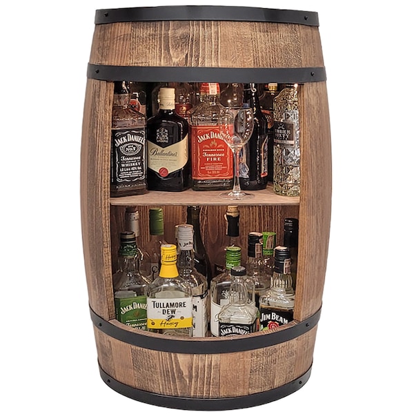 Bar élégant pour le salon pour bouteilles d'alcool en tonneau en bois de couleur wengé marron foncé 80x50cm avec éclairage LED