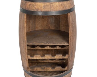 Wooden barrel bar with deckchairs for wine bottles. Wine chest, home bar 80x50cm wenge, Barrel rack for bottles, Rustic bar