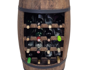 Barek na butelki z winem z drewnianej beczki w kolorze ciemny brąz 80x50cm bar domowy na wina. Drewniany stojak na butelki z winem, komoda.