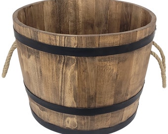 Large wooden flower pot 50x40. Alder wood flowerpot with metal rims. For the living room or terrace.