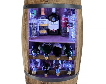 Rustic wooden barrel bar with wine shelves and RGB LED lighting 80cm home bar for wine, whiskey. Wine bottle rack