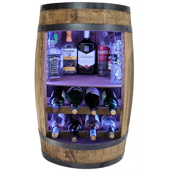 Bar tonneau en bois rustique avec étagères à vin et éclairage LED RVB Bar domestique de 80 cm pour le vin, le whisky. Casier à bouteilles