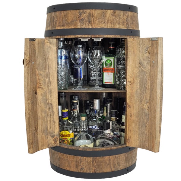 Bar rustique et élégant en tonneau de couleur wengé 80x50cm. Minibar tonneau avec porte. Casier à bouteilles de vin. Tonneau de bois