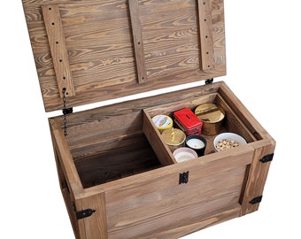 Wooden chest with a movable shelf, trunk with a hinged lid and wenge wheels
