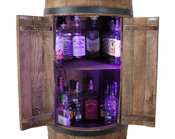 Hausbar aus einem Holzfass mit RGB-LED-Beleuchtung, USB-betrieben, rustikale Weinbar 80 cm, stilvolle Whiskey-Bar, Holzbar