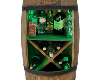 Elegant wooden barrel bar for wine bottles, X shelf for wine and RGB LED lighting, Rustic wine bar, barrel bar, home bar