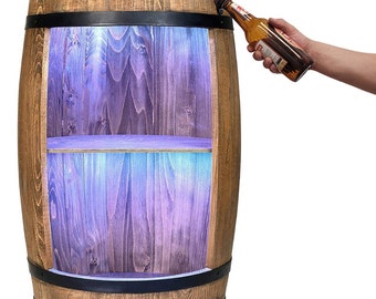 Barra de botellas de vino de barril de madera, abridor montado e iluminación LED RGB 80x50cm, Botellero de vino, vitrina, Armario de vinos