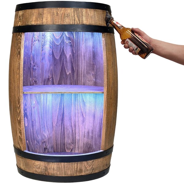 Bar tonneau en bois pour bouteilles de vin, ouvre-porte monté et éclairage LED RGB 80x50cm, Casier à bouteilles de vin, cave à vin