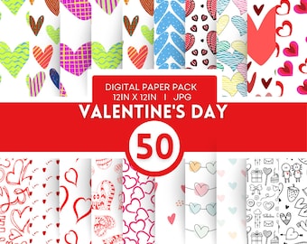 May include: A digital paper pack with 50 Valentine's Day themed patterns. The patterns feature hearts, stripes, polka dots, and other designs in various colors. The paper pack is 12 inches by 12 inches and is in JPG format.